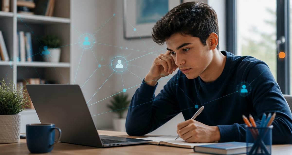 Student using a laptop with a subtle network of AI guidance nodes