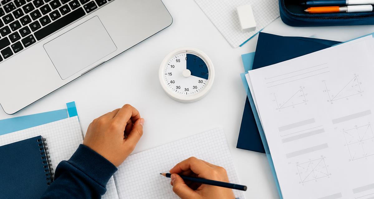 Student working beside a timer, graph paper and laptop