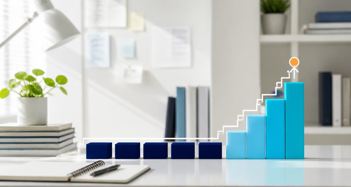 A flat study progress chart turning into rising cyan steps